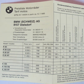 Prospekt BMW Preisliste 1985 07. 15
