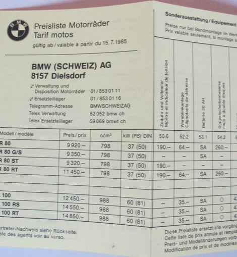 Prospekt BMW Preisliste 1985 07. 15