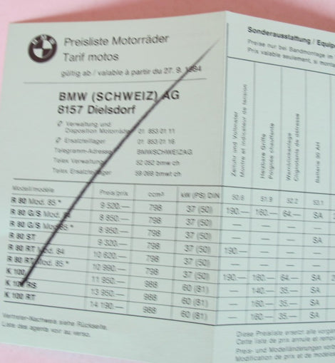 Prospekt BMW Preisliste 1984 09. 27
