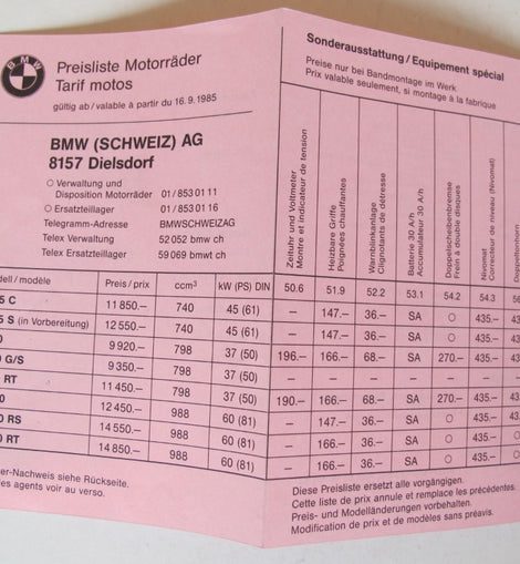 Prospekt BMW Preisliste 1985 09. 16.