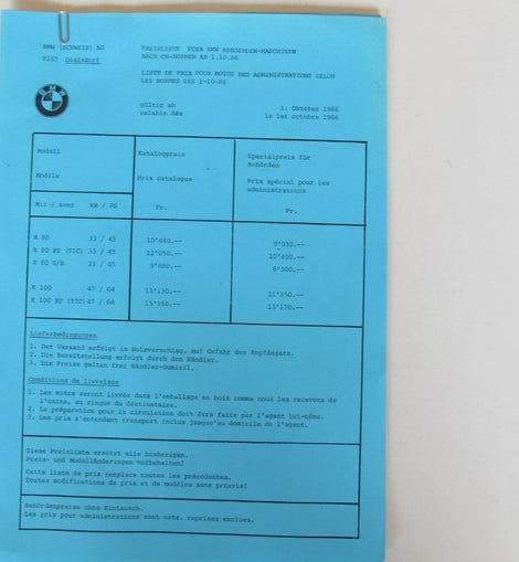 Prospekt BMW Preisliste 1986 10. 01. Behörden Motorräder